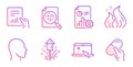 Analytics chart, Head and Report icons set. Fire energy, Swipe up and Document signs. Vector