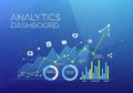 Analytics dashboard illustration on a blue gradient background. Features line and bar graphs, icons Royalty Free Stock Photo