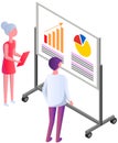 Woman analyses digital report with statistics. Statistical indicators and data on diagram