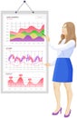Woman analyses digital report with statistics. Statistical indicators and data on diagram