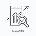 Analytics flat line icon. Vector outline illustration of mobile phone with growth chart. Seo optimization thin linear