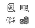 Analytics graph, Airplane travel and Search text icons. Currency sign. Chart report, Trip flight, Open book. Vector