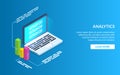 Analyze data using a computer or laptop. Graph data description. Modern vector illustration isometric style on blue