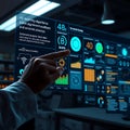 Analyzing Ai Data on Futuristic Touchscreen Interface with Hand Pointing Royalty Free Stock Photo