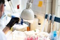 Analyzing biochemical samples in chemical or microbiology laboratory for medicine. Authentic medical research laboratory.