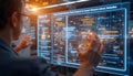 Analyzing Blockchain Data on Interactive Screen with Data Visualization and Futuristic Interface Royalty Free Stock Photo