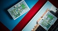 Analyzing Building Plan and Cityscape Blueprint on Red and Blue Backdrop Royalty Free Stock Photo