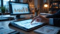 Analyzing Business Data on Tablet and Computer Screen at Night Financial Charts and Graphs on Devices Late Night Work Session Royalty Free Stock Photo