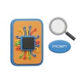 Analyzing a computer chip with a magnifying glass and prompt button Royalty Free Stock Photo