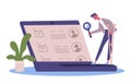 Analyzing cv handicapped character. Cartoon male employee with crutches holding magnifying glass, checking resume Royalty Free Stock Photo