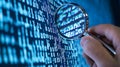 Data analysis with magnifying glass on code, cybersecurity and digital forensics concept for big data Royalty Free Stock Photo