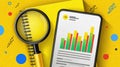 Analyzing Data - Magnifying Glass and Smartphone Displaying Charts Royalty Free Stock Photo