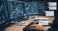 Analyzing Data on Multiple Computer Screens with Charts and Token Network Royalty Free Stock Photo