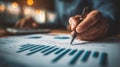Analyzing Financial Charts and Data: A Close-Up of a Person's Hand with a Pen on a Report with Graphs and Numerical Data Royalty Free Stock Photo