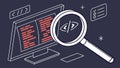 Analyzing Programming Code with Magnifying Glass, vector design Generative AI Royalty Free Stock Photo
