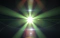 Anamorphic green lens flare isolated on black background for overlay design or screen