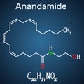 Anandamide molecule. It is endogenous cannabinoid neurotransmitter. Structural chemical formula and molecule model on the dark bl