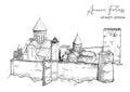 Ananuri fortress in Georgia. Black and white drawing