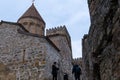 Ananuri, Georgia : 20-11-2022 : amazing view of the Ananuri castle complex with church on the Aragvi River in Georgia in a cloudy