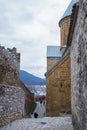 Ananuri, Georgia : 20-11-2022 : amazing view of the Ananuri castle complex with church on the Aragvi River in Georgia in a cloudy