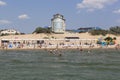 View from the sea to the beach and the hotel complex `Galatea` in the resort village of Dzhemete, Anapa