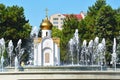 Anapa, Russia, July, 14, 2018. Chapel in the name of the prophet Hosea and musical fountain on Soviets square in summer