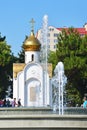 Anapa, Russia, July, 14, 2018. Chapel in the name of the prophet Hosea and musical fountain on Soviets square in summer