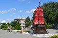 Anapa, Russia, July, 12, 2018. People walking on the promenade next to the sailboat `Scarlet sails` on Anapa resort in sunny day