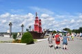 Anapa, Russia, July, 16, 2018. People walking on the promenade next to the sailboat `Scarlet sails` on Anapa resort in sunny day