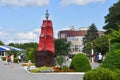 Anapa, Russia, July, 18, 2018. People walking on the promenade next to the sailboat `Scarlet sails` on Anapa resort in sunny day
