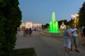 Anapa, Russia - July 17, 2020: Tourist-filled Soviets Square in Anapa, beautiful fountains in front of the city administration of