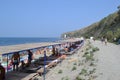 ANAPA, RUSSIA - JULY 29, 2016: Unidentified people resting at the beach in Anapa. Anapa is a resort on the Black Sea Coast, Russia