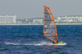Anapa, Russia-June 15, 2020: Recreational Water Sports. Windsurfing. Windsurfer Surfing The Wind On Waves In Ocean, Sea. Extreme