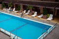 Anapa, Russia - May 1, 2020: An empty courtyard with an open pool without people. Preparation for a new tourist season