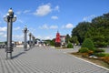 Anapa, Russia, July, 18, 2018. People walking on the promenade next to the sailboat `Scarlet sails` on Anapa resort in sunny day