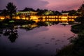 Anapji or Wolji pond scenic view and illuminated Donggung palace at twilight sunset in Gyeongju South Korea Royalty Free Stock Photo