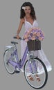 Full body portrait of a beautiful young brunette woman pushing a bicycle with a flower basket on an isolated background