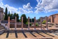 View of the Roman Forum in Rome, Italy: in the foreground the remains of the Temple of Peace also known as the Forum of Vespasian