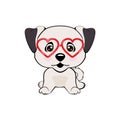Card Of A Valentine S Day. Pug Dog In A Striped Cardigan, In A Fun Pink Heart Glasses. Vector Illustration.