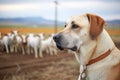 anatolian shepherd on guard with grazing goats