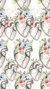 Anatomical Heart Illustration Pattern with Flowers Royalty Free Stock Photo