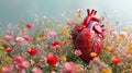 Anatomical Heart Surrounded by Small Spring Flowers on Flat Background AI Generated