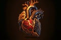 Anatomical human golden heart with veins, ventricles and arteries