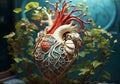 Anatomical human heart formed by leaves and tree branches. AI generated