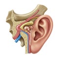 An anatomical illustration of the human ear, displaying the outer, middle, and inner ear. Royalty Free Stock Photo