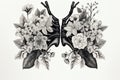 Anatomical lungs with flowers. Black and white ink illustration