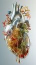 Anatomical model of a human heart intermixed with plant and animal life