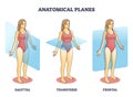 Anatomical planes examples for medical human body transection outline diagram Royalty Free Stock Photo