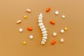 Anatomical spine skeleton with medical pills. Spinal diseases treatment concept
