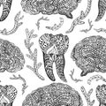Seamless vector pattern of anatomical human tooth with nerve roots, brain, and internal organs in hand-drawn monochrome medical Royalty Free Stock Photo